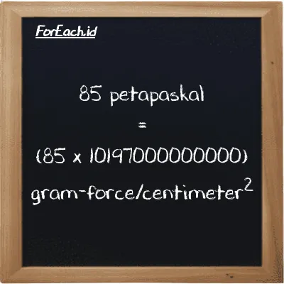 Cara konversi petapaskal ke gram-force/centimeter<sup>2</sup> (PPa ke gf/cm<sup>2</sup>): 85 petapaskal (PPa) setara dengan 85 dikalikan dengan 10197000000000 gram-force/centimeter<sup>2</sup> (gf/cm<sup>2</sup>)